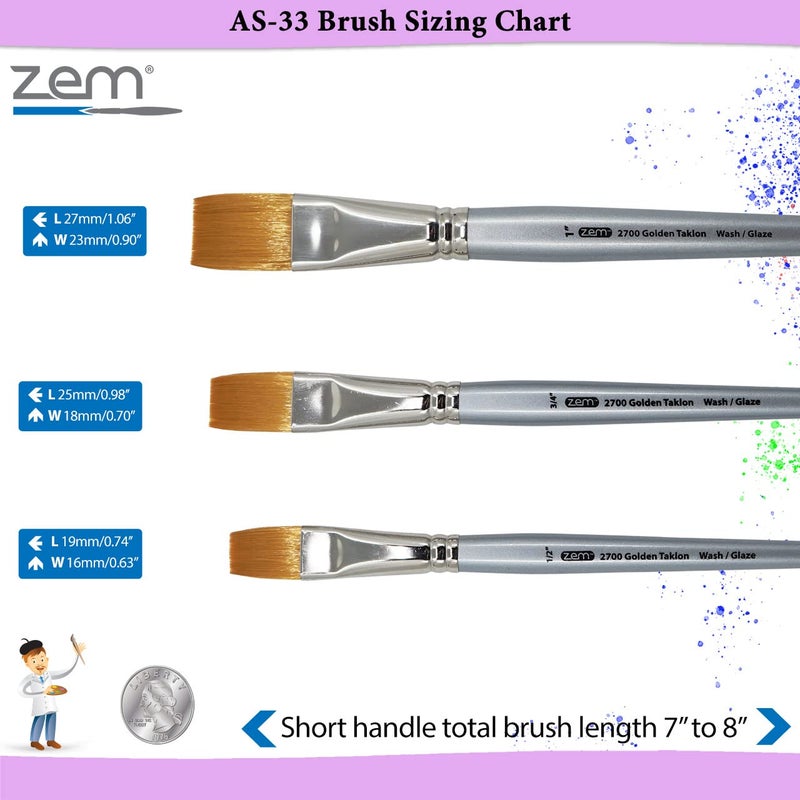 ZEM Brush Golden Taklon Wash Brush Set Sizes 1/2", 3/4", 1" - Image 4